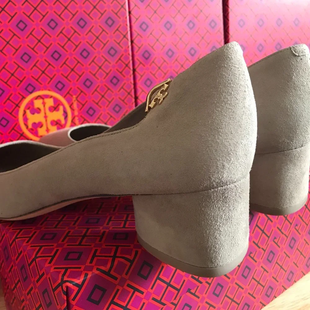 Tory Burch Gray Suede Block Heel Pumps